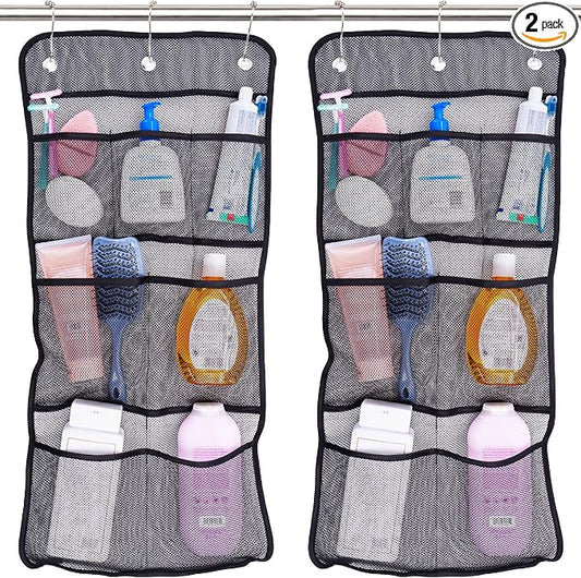 S&T INC. Shower Organizer and Caddy, 2 Pack, 14" x 30", Black | Quick-Dry Mesh, 7 Pockets, Shower Caddy and Bathroom Organizer, Hangs on Existing Shower Curtain Hooks, Cruise Essential
