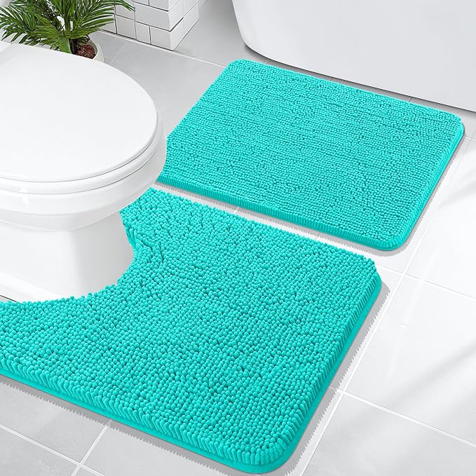 OLANLY Chenille Bathroom Rugs Mats Sets 2 Piece, 24"x16"+24"x20", Teal | Soft Absorbent Bath Mat and U-Shaped Contour Toilet Rug Set, Quick Dry, Machine Washable Bath Carpet, Home Decor Accessories