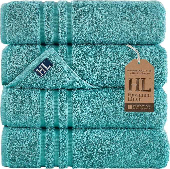 Hawmam Linen Teal Turquoise Bath Towels 4 Pack Soft and Absorbent, Premium Quality Perfect for Daily Use 100% Cotton Towel 600 GSM