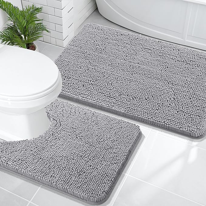 OLANLY Chenille Bathroom Rugs Mats Sets 2 Piece, 36"x24"+24"x20", Grey | Soft Absorbent Bath Mat and U-Shaped Contour Toilet Rug Set, Quick Dry, Machine Washable Bath Carpet, Home Decor Accessories