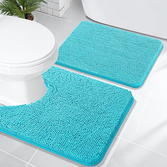 OLANLY Chenille Bathroom Rugs Mats Sets 2 Piece, 24"x16"+24"x20", Aqua Sky | Soft Absorbent Bath Mat and U-Shaped Contour Toilet Rug Set, Quick Dry, Machine Washable Bath Carpet, Home Decor Accessories