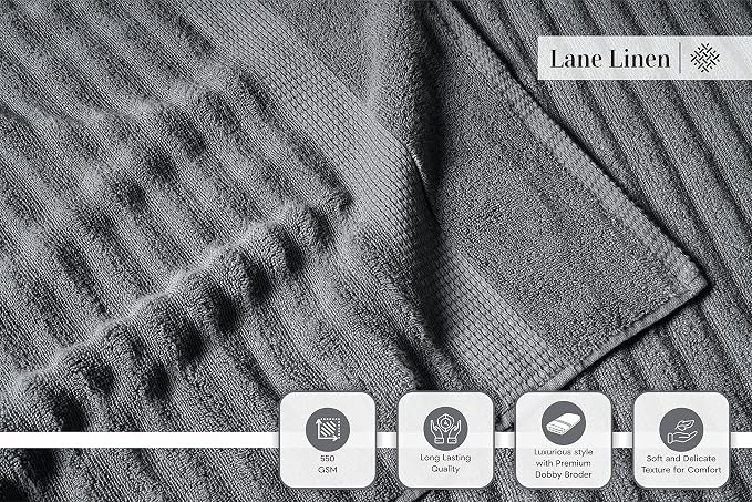 LANE LINEN Large Bath Towel Set Absorbent Quick Dry 100% Cotton Soft - Grey | Cotton Towels - Fade-Resistant Color, Classic Terry Weave, Densely Woven, Coordinated Colors, Dobby Border Accent