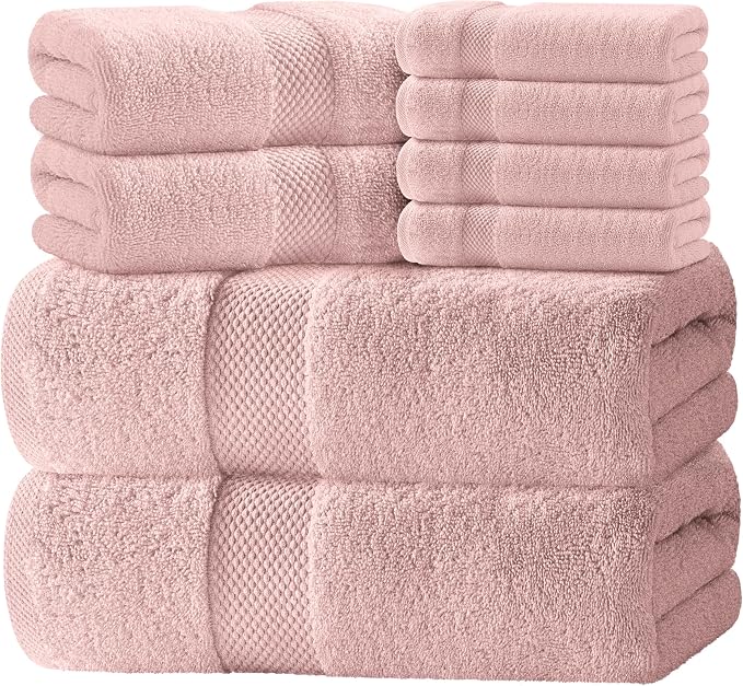 White Classic Luxury Bath Towel Set of 8 Pieces - 100% Turkish Cotton Highly Absorbent Towels for Bathroom, 2 Luxury Bath Towels 700GSM, 2 Hand Towels, 4 Washcloths, Pink