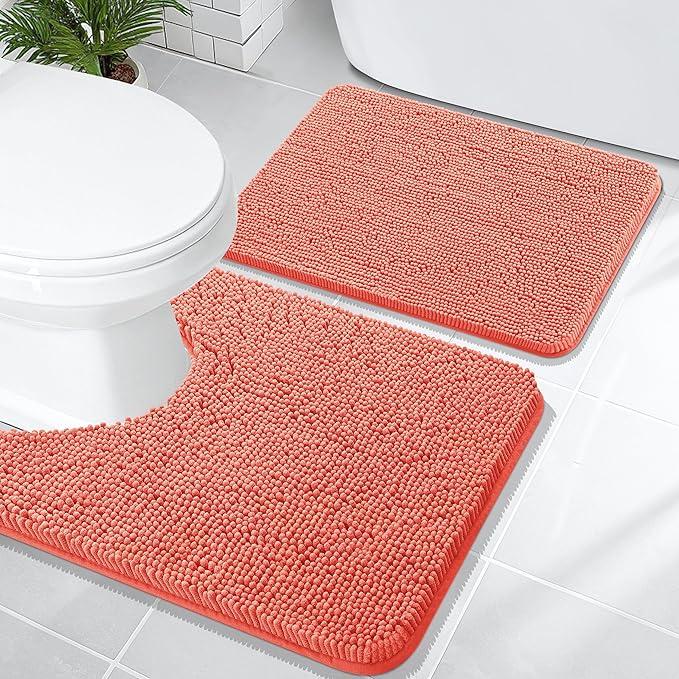 OLANLY Chenille Bathroom Rugs Mats Sets 2 Piece, 24"x16"+24"x20", Coral | Soft Absorbent Bath Mat and U-Shaped Contour Toilet Rug Set, Quick Dry, Machine Washable Bath Carpet, Home Decor Accessories